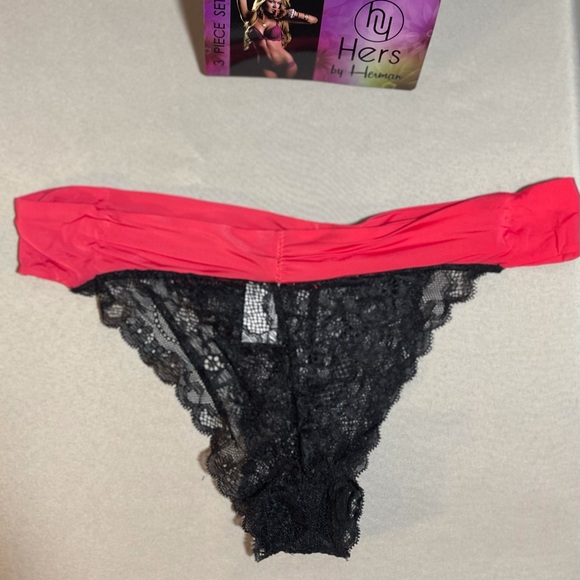 3 Piece Black & Coral Bra & Panties Lingerie Set - Picture 9 of 10